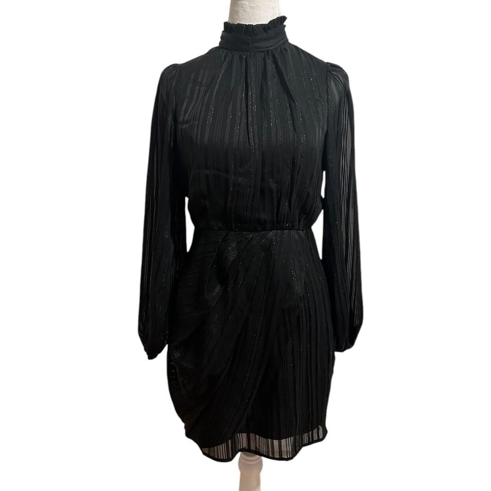 Lulus Mini Dress Mock Neck Long Sleeve Striped Black Dress XS sheer